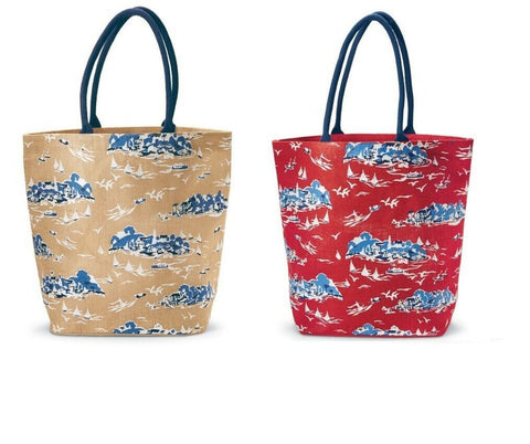 Image of Mud Pie Women’s Fashion 18x22" Sailboat Toile Tote Bag (Red or Tan)