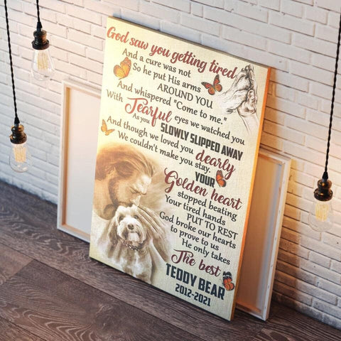 Image of Personalized Pet Memorial With Jesus Canvas, God Saw You Getting Tired Canvas, Custom Photo Canvas For Pet Loss, Sympathy Gifts