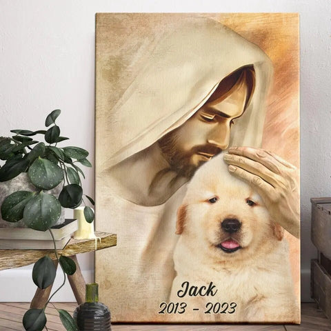 Image of Personalized Pet Memorial Photo Canvas, Custom Photo Pet Portrait With Jesus Dog Cat Canvas, Dog Loss Gifts, Pet Memorial Gifts