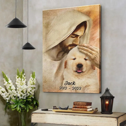 Image of Personalized Pet Memorial Photo Canvas, Custom Photo Pet Portrait With Jesus Dog Cat Canvas, Dog Loss Gifts, Pet Memorial Gifts