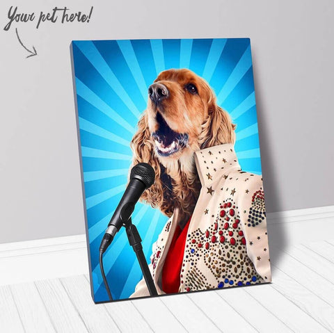 Image of USA MADE Personalized Pet Portrait on Canvas, Poster or Digital Download | Blue Suede Chew Toy - Elvis Rock & Roll Singer Star Pet Portrait