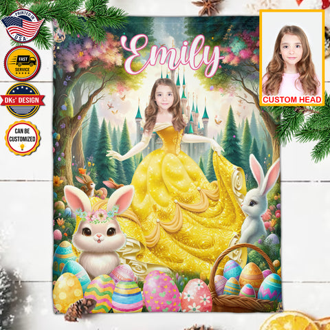 Image of Personalized Easter Blanket, Easter Eggs In The forest Custom Face And Name Blanket, Blanket for Easter Day, Princess Blanket for Girl, Easter Gift