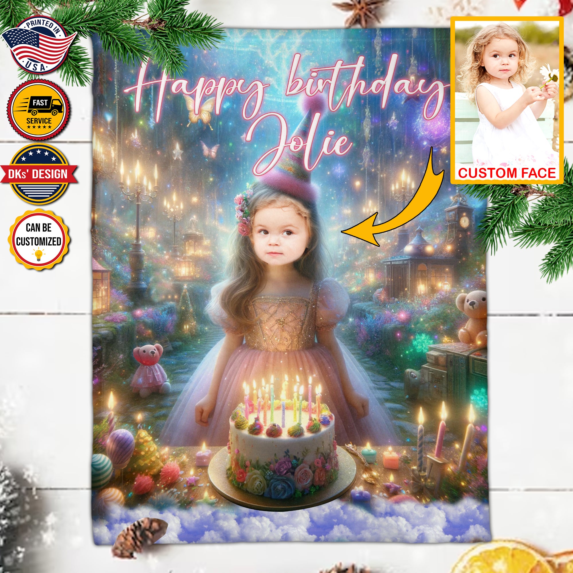 Personalized Birthday Bliss Princess 2 Custom Face And Custom Name Blanket, Girl Birthday Blanket, Princess Blanket for Girl, Birthday Gift