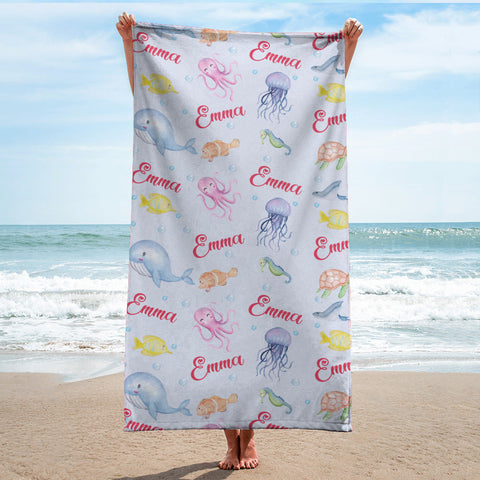 Image of Personalized Name Under The Sea Colorful Ocean Animals Beach Towel