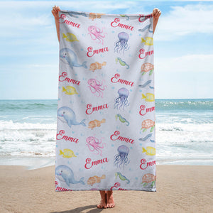 Personalized Name Under The Sea Colorful Ocean Animals Beach Towel