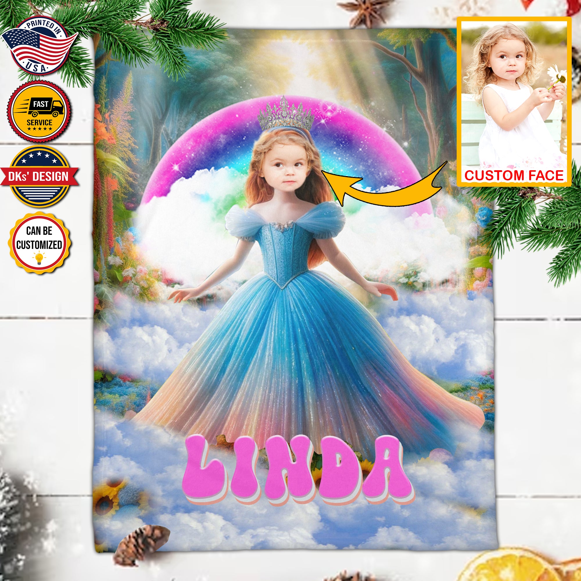 Personalized Sunflower Forest Princess Custom Face And Custom Name Blanket, Girl Blanket, Princess Blanket for Girl, Gift For Daughter