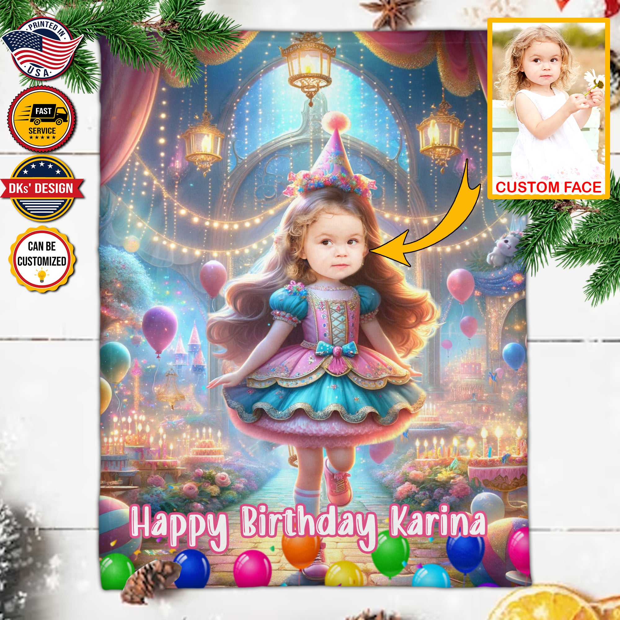 Personalized Birthday Bliss Princess 1 Custom Face And Custom Name Blanket, Girl Birthday Blanket, Princess Blanket for Girl, Birthday Gift