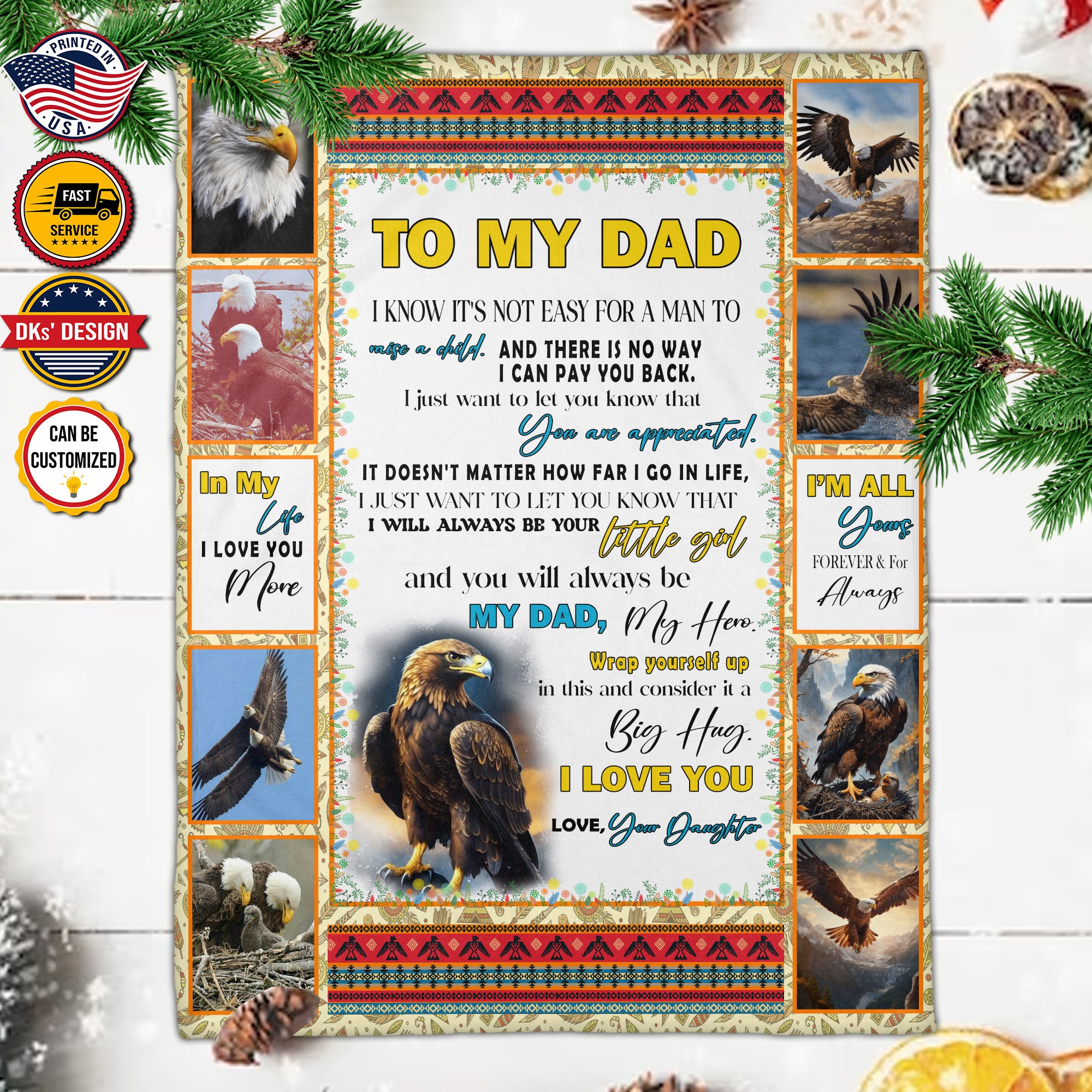 Personalized To My Dad Blanket, Eagle Message Blanket, Customized Father's Day Gifts, Blanket Gift for Dad, Gift from Daughter