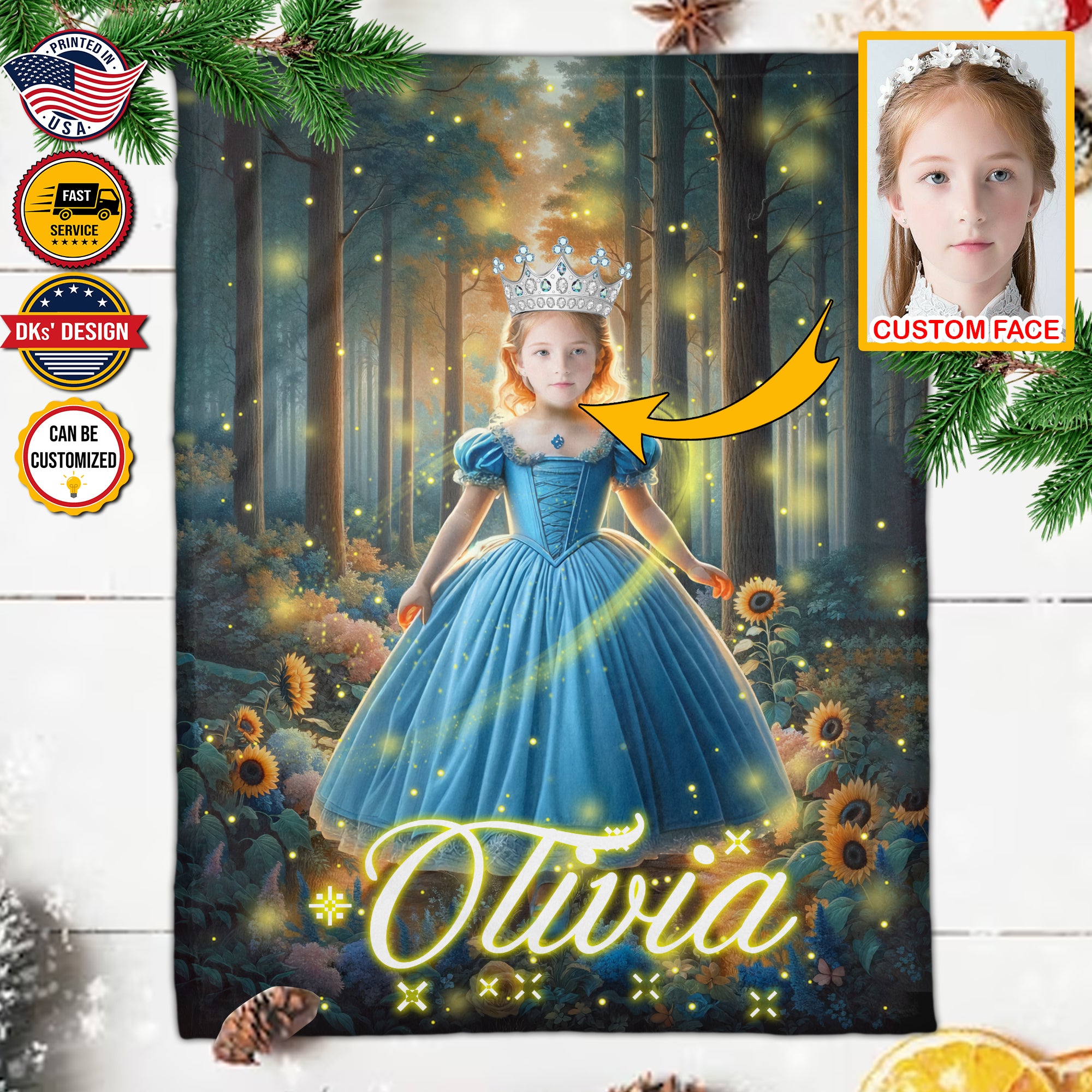 Personalized Forest Princess Personalized Sunflower Custom Face And Name Blanket, Girl Blanket, Princess Blanket for Girl, Baby Shower Gift