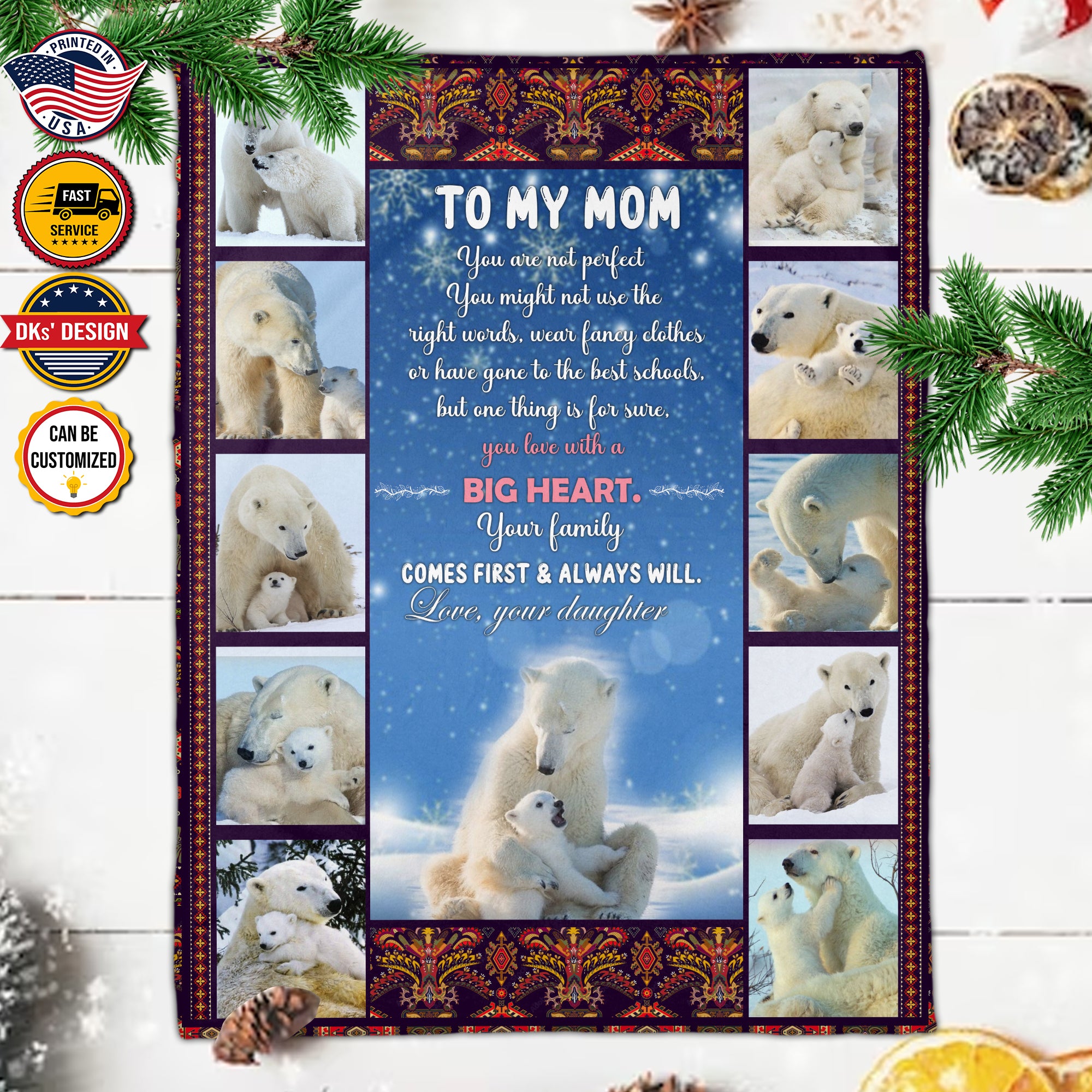 Personalized Mom Blanket, Polar Bear Mom Blanket, Christmas Gift, Birthday Gift, Mother's Day Gifts for Mom for Her