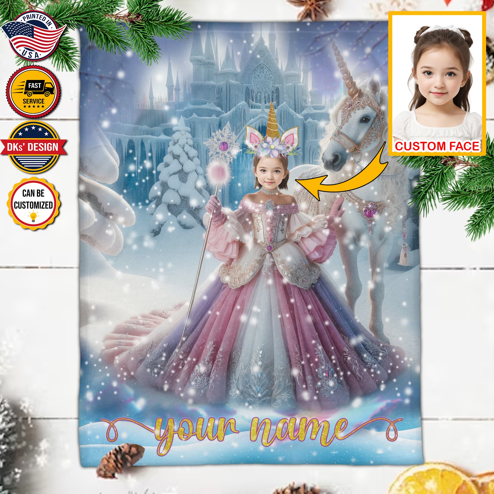 Personalized Princess Christmas Custom Name And Face Blanket, Girl Blanket, Fairy Tale Blanket for Girl, Birthday Blanket, Christmas Gift