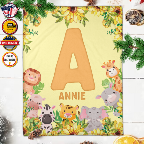 Image of Safari Initial Animals Baby Kid Custom Name Blanket | USA Printed Custom Blanket, Personalized Blanket, Sherpa Blanket, Fleece Blanket, Baby Shower Gifts, Birthday Gifts, Christmas Gifts For Son For Daughter