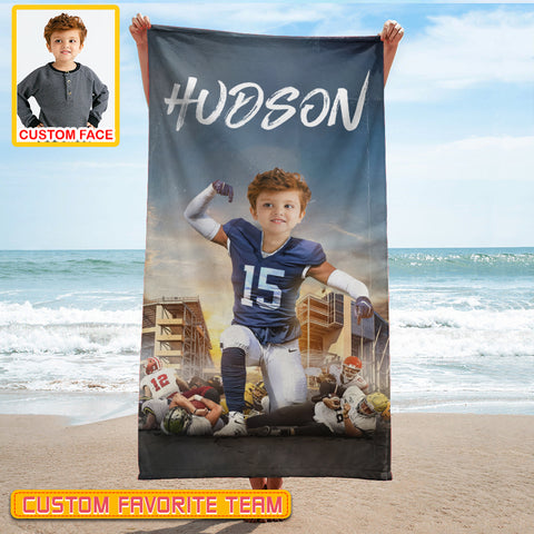 Image of Personalized Name & Photo Winner American Football Beach Towel, Sport Beach Towel