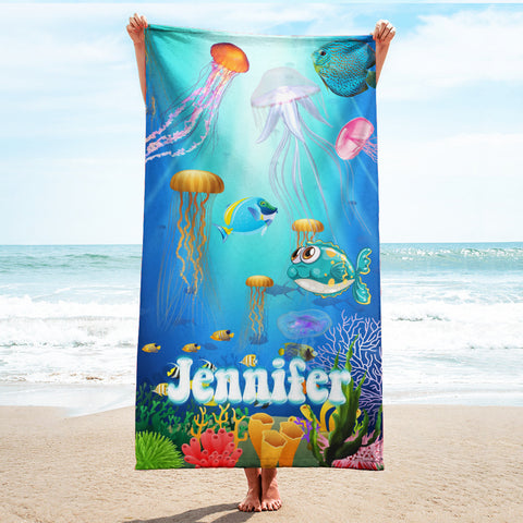 Image of Personalized Name Sea Animals Jellyfish Fish Deep Sea Corals Beach Towel