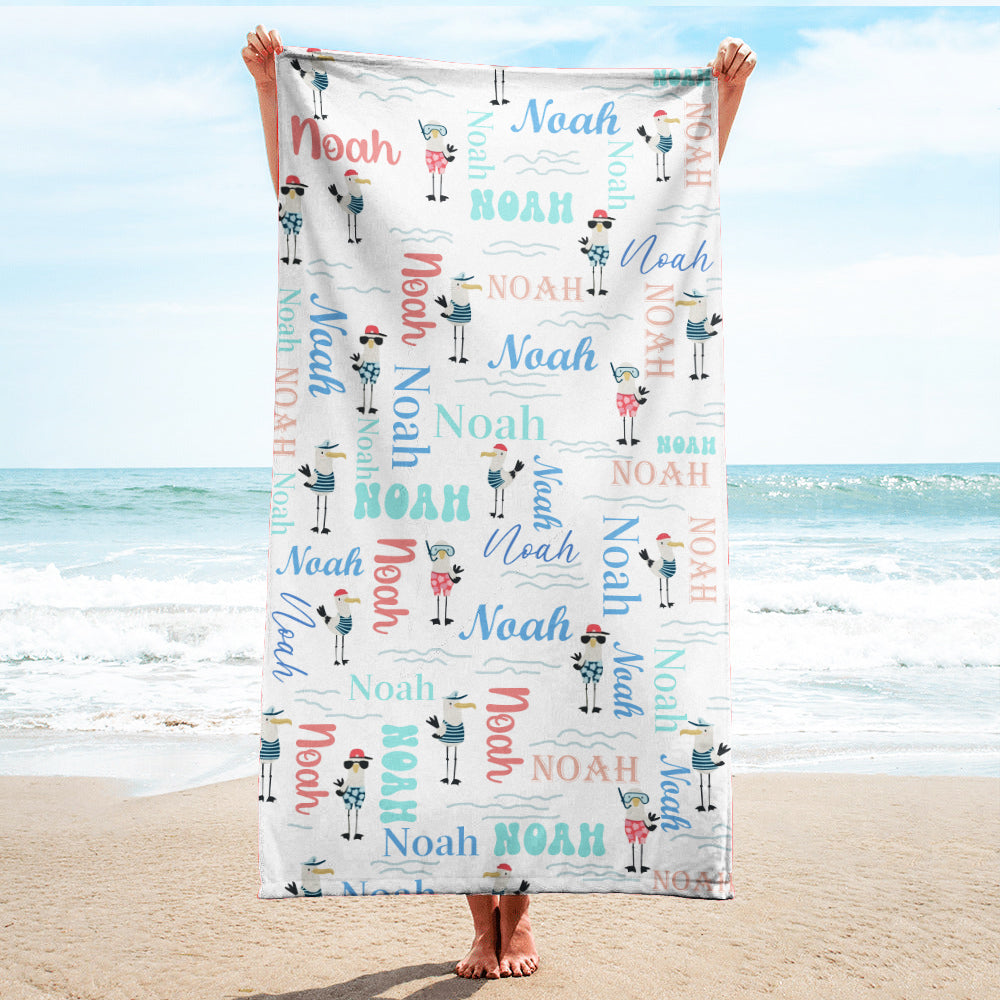 Personalized Name Sea Animals Seagull Custom Name Beach Towel