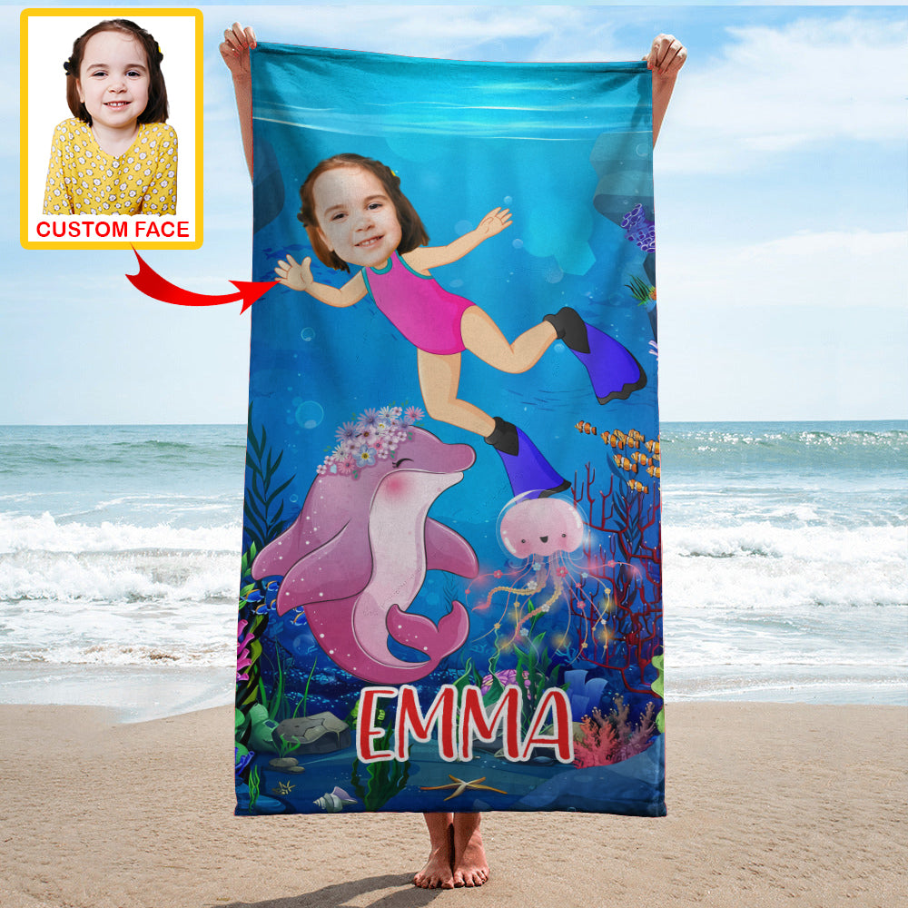 Personalized Name & Photo Dolphin Girl Under The Sea Beach Towel