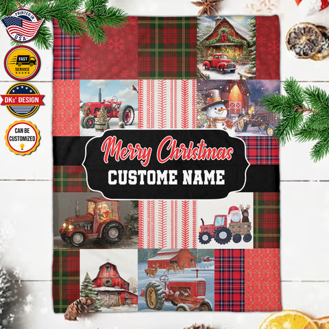 Image of USA Printed Custom Christmas Blanket | Red Tractor Christmas Custom Name Blanket, Personalized Blanket, Tractor Blanket, Farm House Christmas Blanket, Sherpa Blanket, Fleece Blanket, Baby Shower Gift, Christmas Gifts