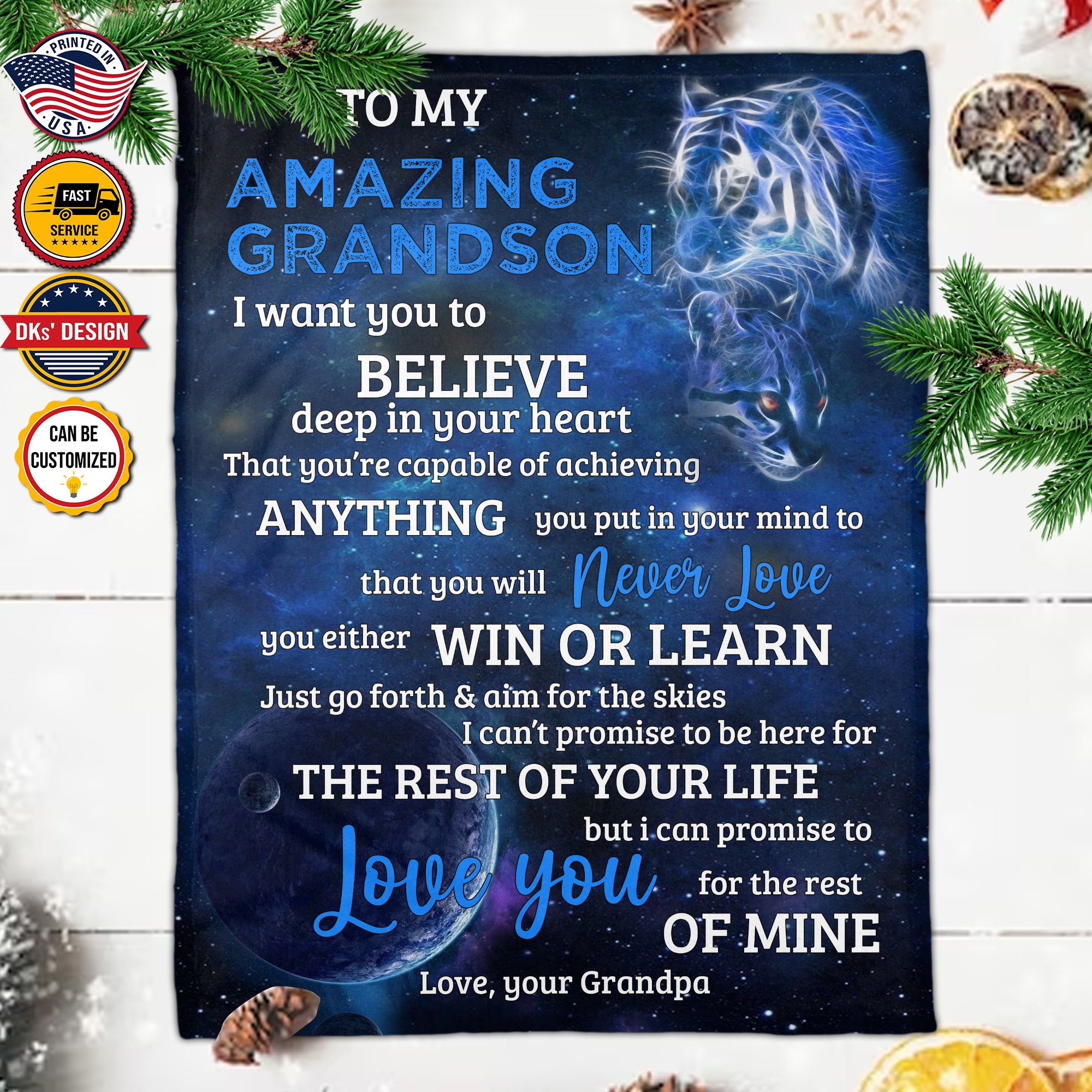 Personalized To My Grandson Custom Name Blanket, Message Blanket, Blue Lion And Baby Blanket, Grandson Lion Blanket, Grandson Gift