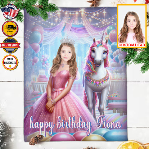 Image of Personalized Baby Girl Blanket, Custom Happy Birthday Princess Blanket, Fairy Tale Girl Blanket, Princess Blanket for Girl, Baby Shower Gift