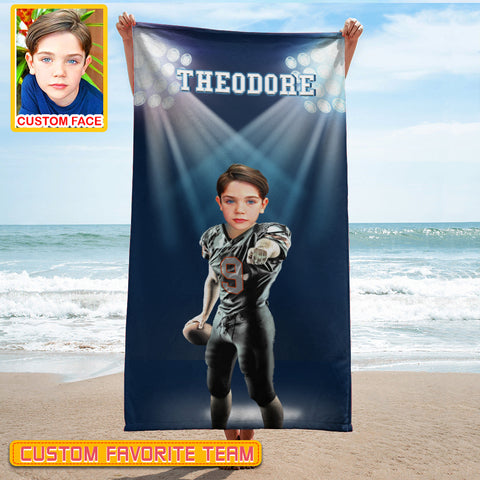 Image of Personalized Name & Photo Under The Spotlight American Football Beach Towel, Sport Beach Towel, Football Lover Gift
