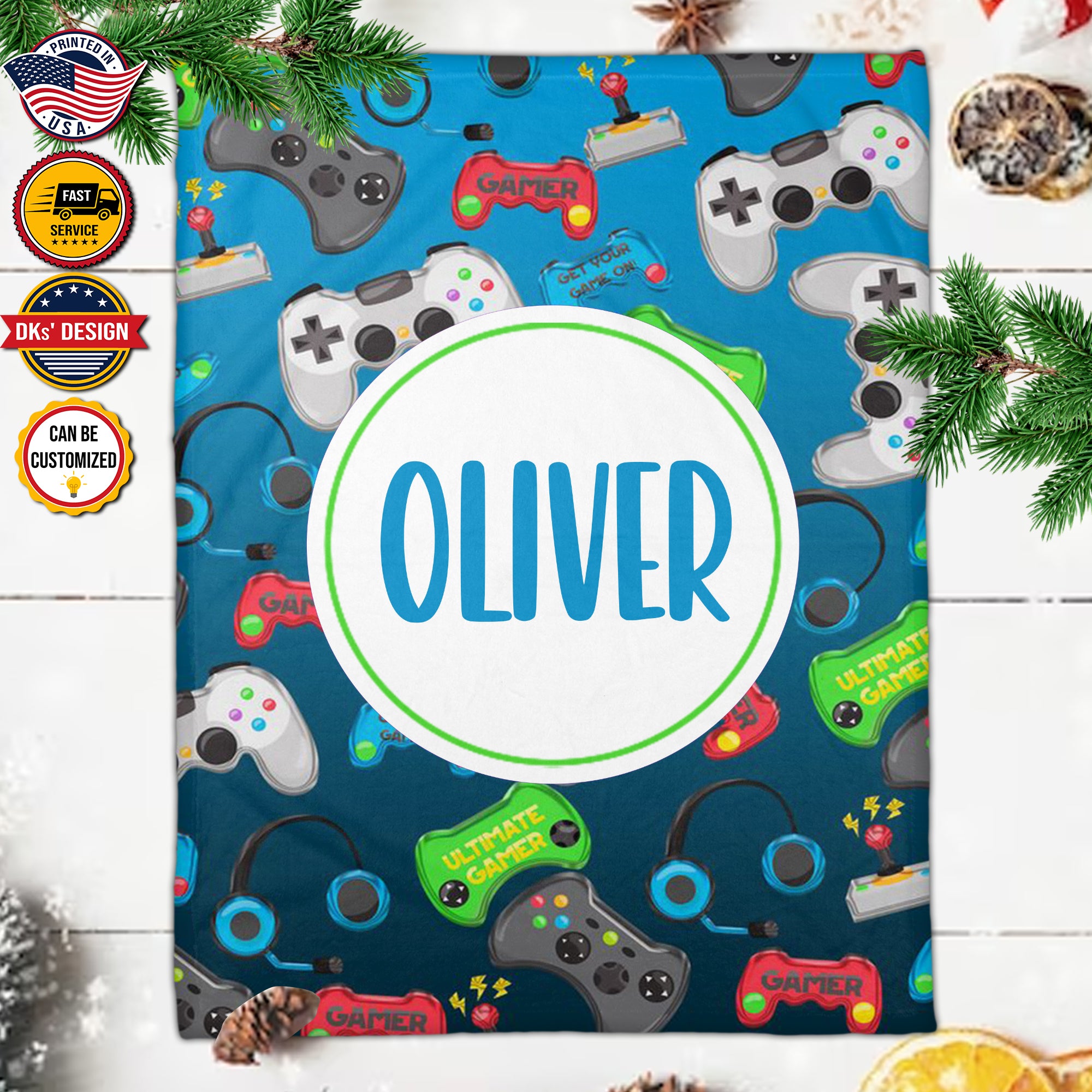 USA Printed Custom Game Blanket, Blue Game Pattern Blanket,  Gaming Blanket for Gamer, Custom Name Blanket, Birthday Gift Blanket, Personalized Sherpa Blanket, Fleece Blanket, Gift for Him for Boy for Son