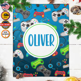 USA Printed Custom Game Blanket, Blue Game Pattern Blanket,  Gaming Blanket for Gamer, Custom Name Blanket, Birthday Gift Blanket, Personalized Sherpa Blanket, Fleece Blanket, Gift for Him for Boy for Son