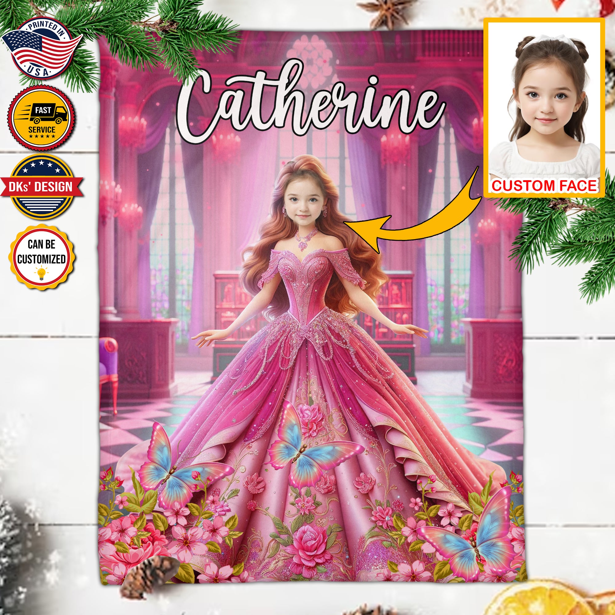 Personalized Fairytale Blanket, Princess With Twilight Castle Luxury Blanket, Custom Face And Name Blanket, Girl Blanket, Princess Blanket for Girl