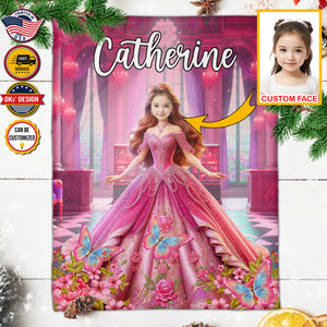 Personalized Fairytale Blanket, Princess With Twilight Castle Luxury Blanket, Custom Face And Name Blanket, Girl Blanket, Princess Blanket for Girl