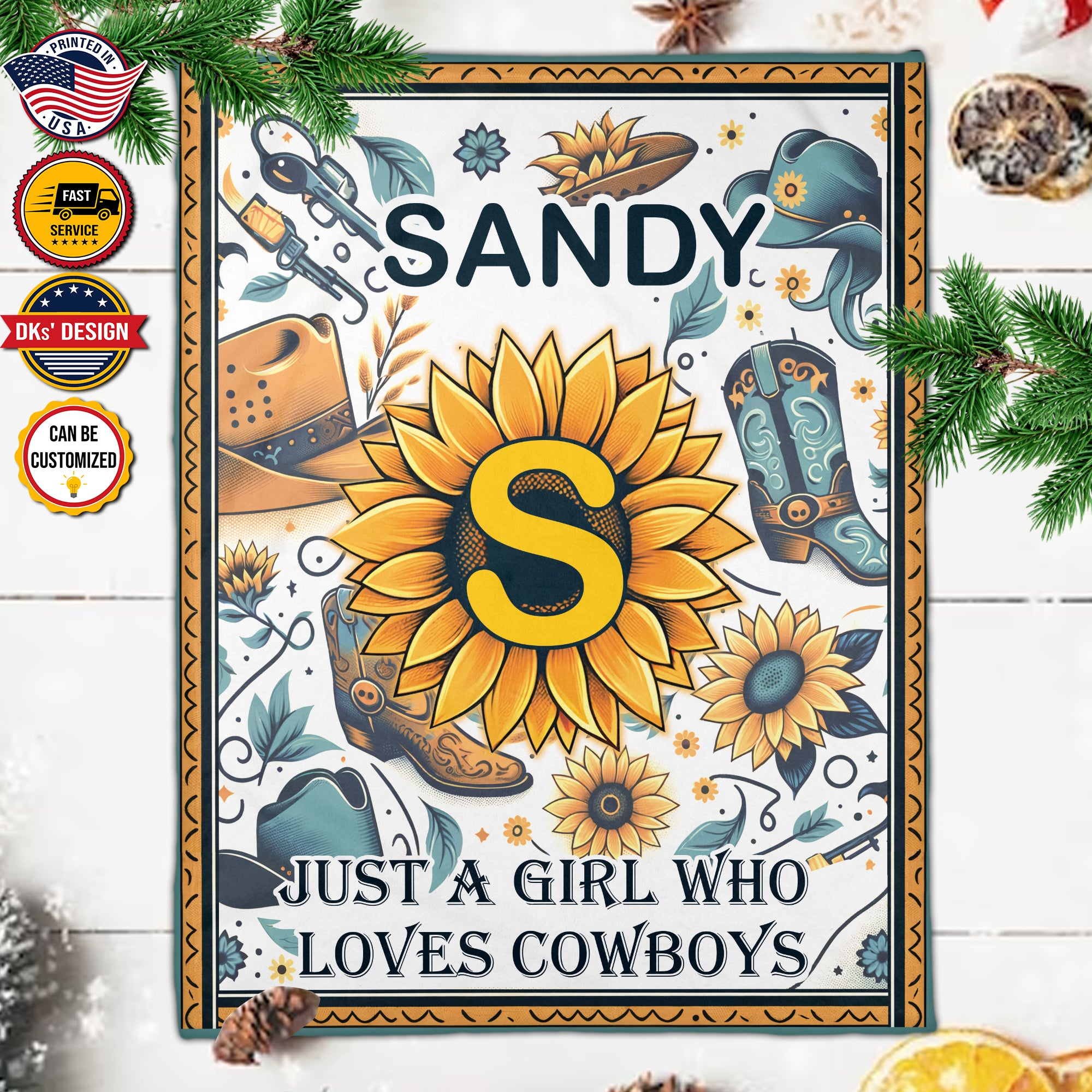 Personalized Cowboy Blanket, Wild West Sunflower Cowboy Custom Name Blanket, Cowgirl Blanket, Personalized Cowboy Blanket, Cowboy Gift