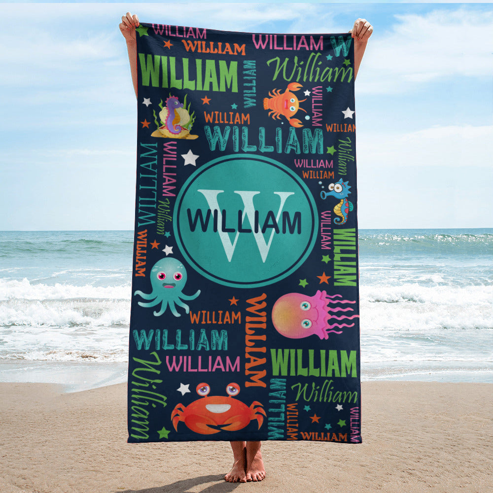 Personalized Name Colorful Lettering Sea Animal Beach Towel
