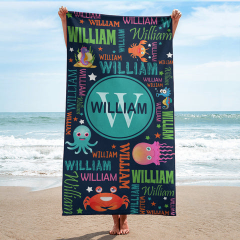 Image of Personalized Name Colorful Lettering Sea Animal Beach Towel