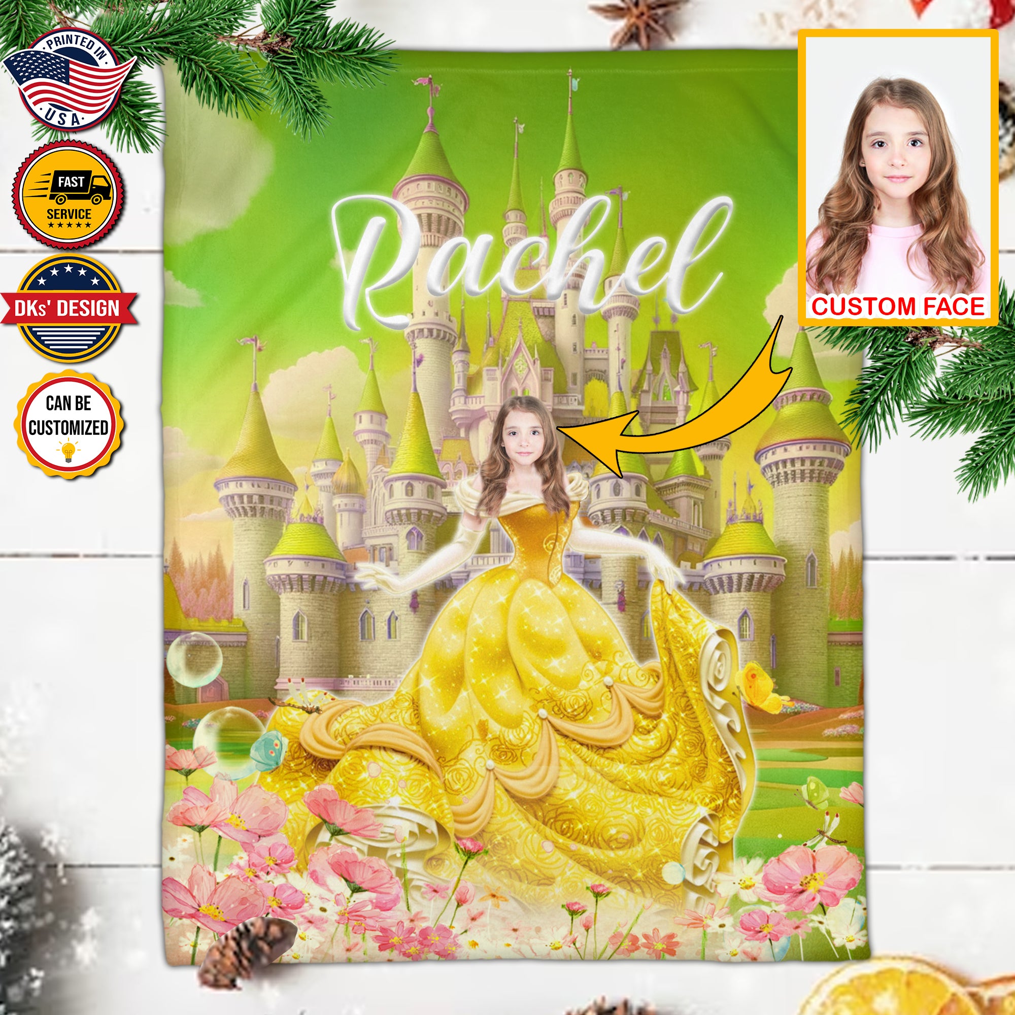 Personalized Fairytale Blanket, Yellow Princess And Castle Blanket, Custom Face And Name Blanket, Girl Blanket, Princess Blanket for Girl