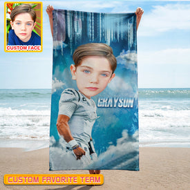 Personalized Name & Photo Ice Big Face American Football Beach Towel, Sport Beach Towel