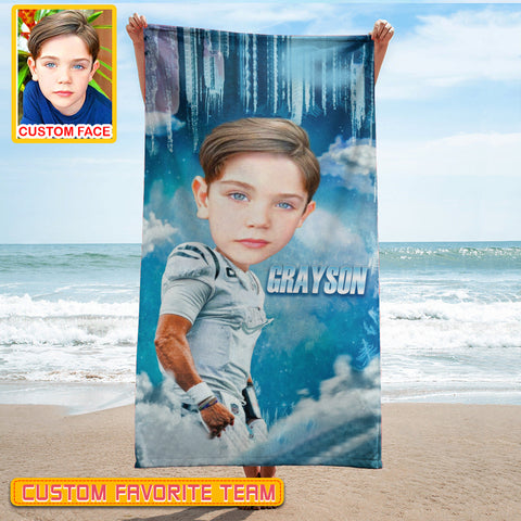 Image of Personalized Name & Photo Ice Big Face American Football Beach Towel, Sport Beach Towel