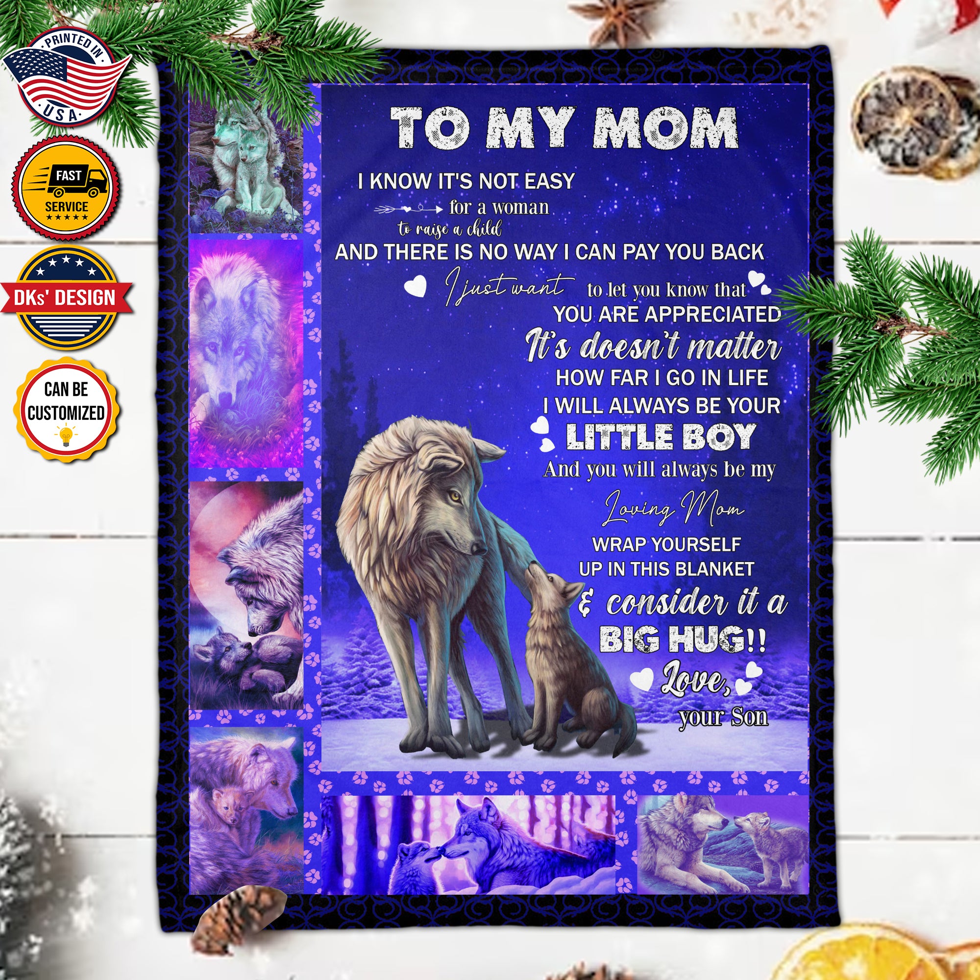 Personalized Mom Blanket, Custom Wolf Mom Blanket, Message Blanket, Mother Blanket, Blanket For Mom From Son, Mother's Day Gift