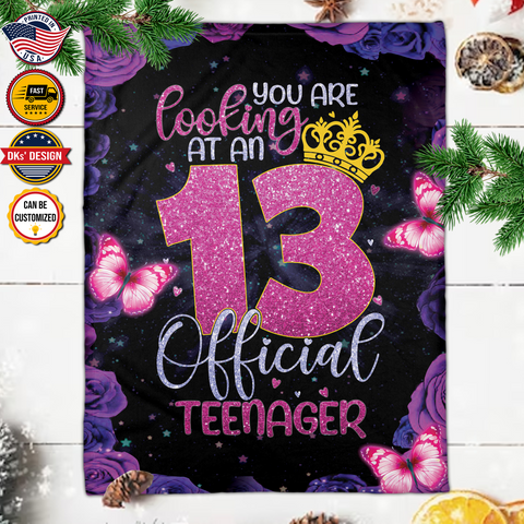 Image of Personalized 13 Year Old Girl Blanket, 13 Official Teenager, Birthday Blanket, Birthday Blanket, Gift For Daughter, Gift for Her, Birthday Gift