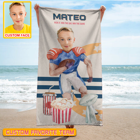 Image of Personalized Name & Photo Kick It Win The Day American Football Beach Towel, Sport Beach Towel, Football Lover Gift
