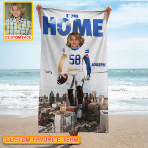 Personalized Name & Photo I'm Home American Football Beach Towel, Sport Beach Towel