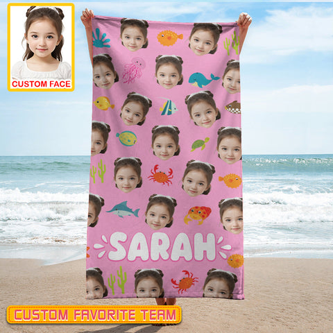 Image of Personalized Name & Photo Girl Custom Face Sea Animals Ocean Animals Beach Towel, Summer Gifts