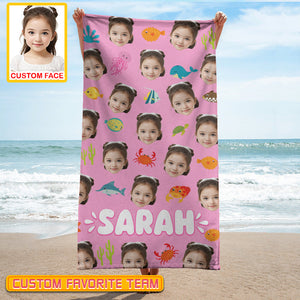 Personalized Name & Photo Girl Custom Face Sea Animals Ocean Animals Beach Towel, Summer Gifts