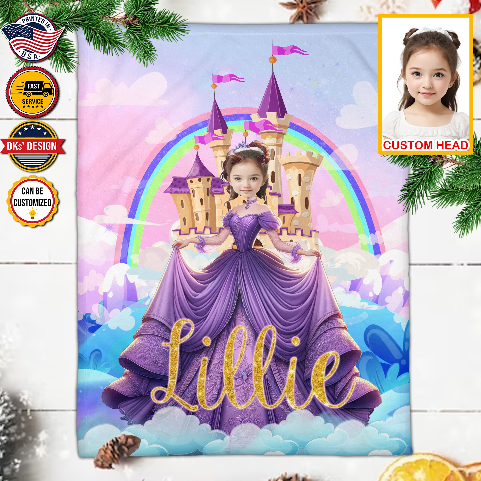 Personalized Fairytale Blanket, Purple Princess And Castle Blanket, Custom Face And Name Blanket, Girl Blanket, Princess Blanket for Girl