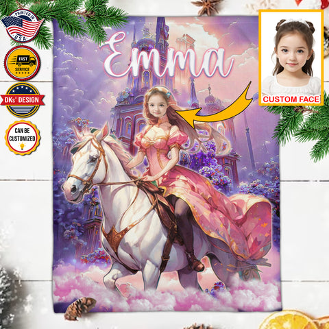 USA Printed Custom Fairytale Blanket | Princess Riding Horse Royalty Blanket, Custom Face And Custom Name Blanket, Girl Blanket, Personalize Blanket, Princess Blanket for Girl, Gift For Daughter, Baby Shower Gift, Birthday Gift, Christmas Gifts