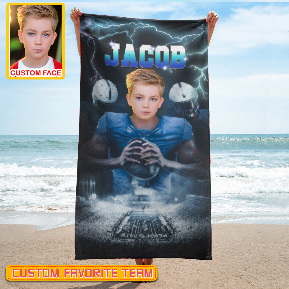 Personalized Name & Photo Super Star American Football Beach Towel, Sport Beach Towel, Football Lover Gift