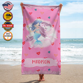 Personalized Name Little Mermaid Pink Love Beach Towel