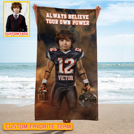 Personalized Name & Photo Always Believe Your Own Power American Football Beach Towel, Sport Beach Towel