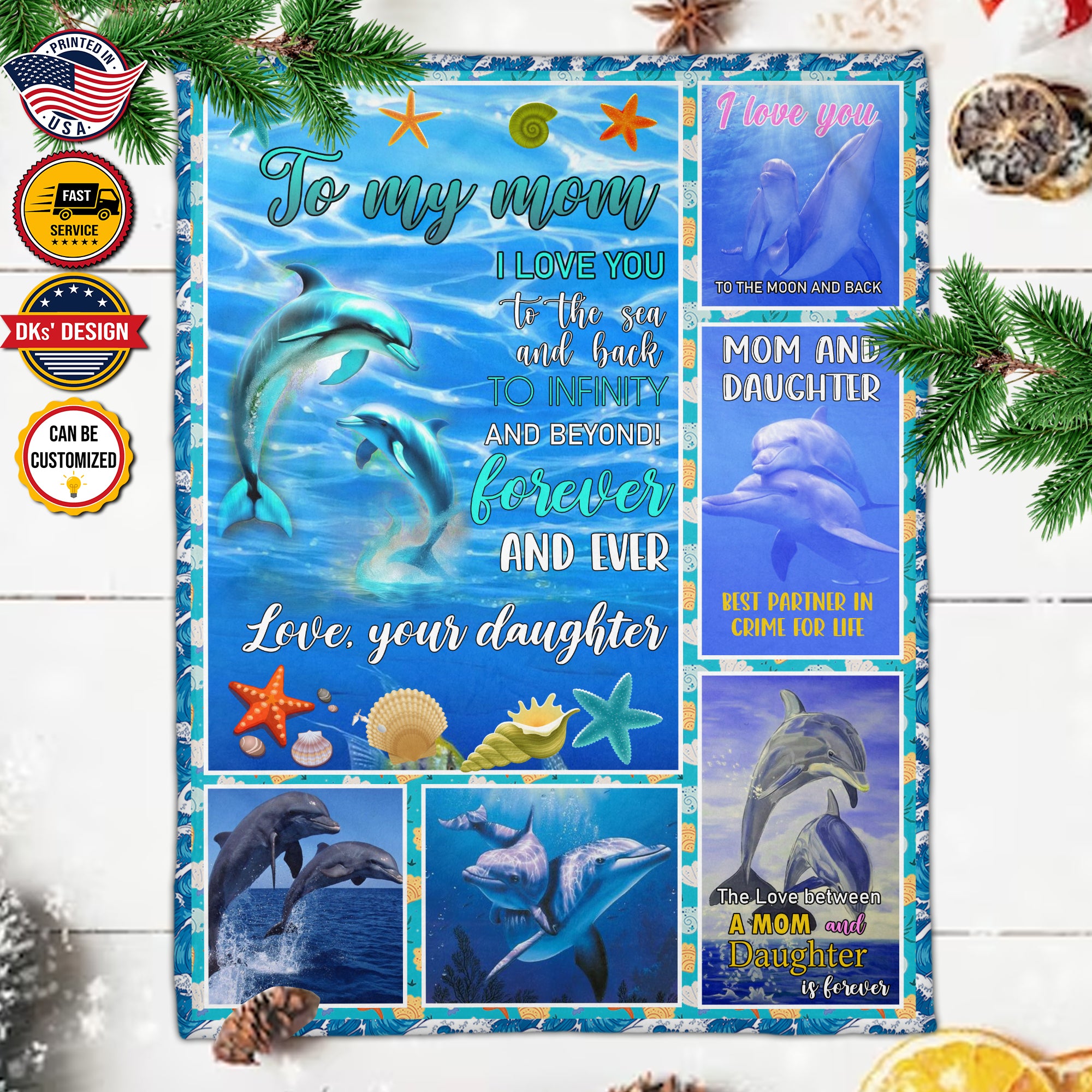 Personalized Mom Blanket, Custom Dolphin To My Mom Blanket, Dolphin Blanket, Message Blanket, Ocean Animals Blanket, Mother's Day Gifts
