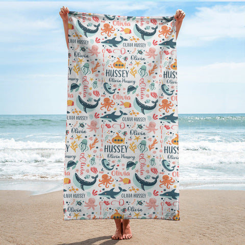 Image of Personalized Name Under The Sea Ocean Animals Beach Towel