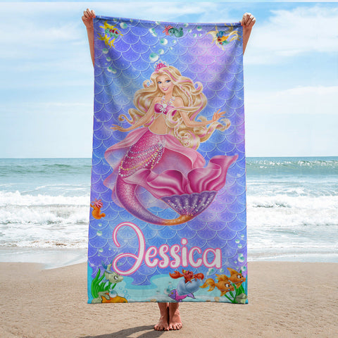Personalized Name Princess Mermaid Custom Name Beach Towel