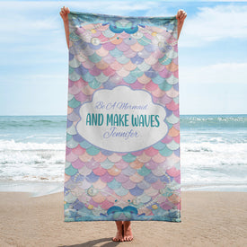 Personalized Name Be A Mermaid And Make Waves Beach Towel