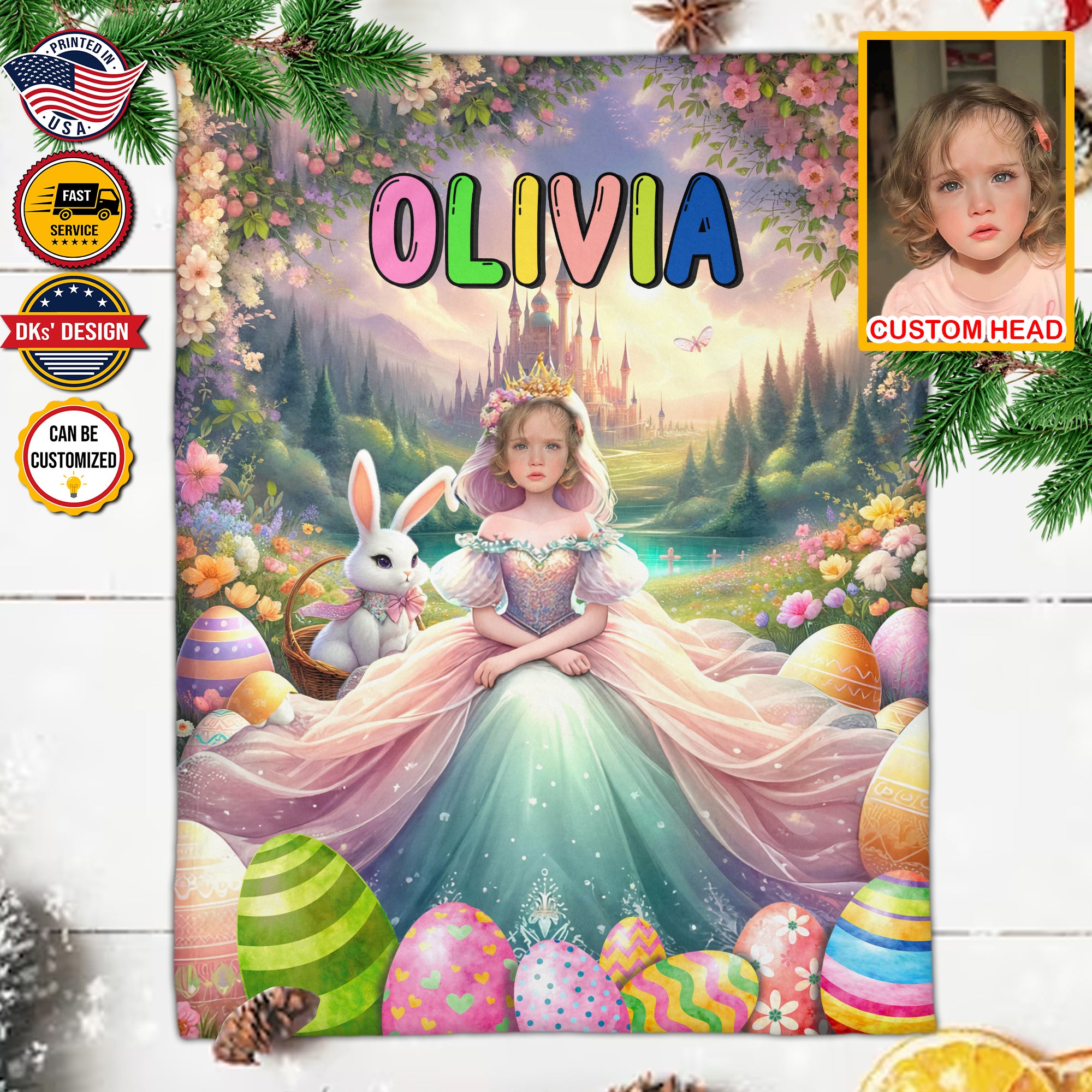 Personalized Easter Blanket, Easter With Princess And Bunny Custom Face And Name Blanket, Blanket for Easter Day, Girl Princess Blanket, Easter Gift
